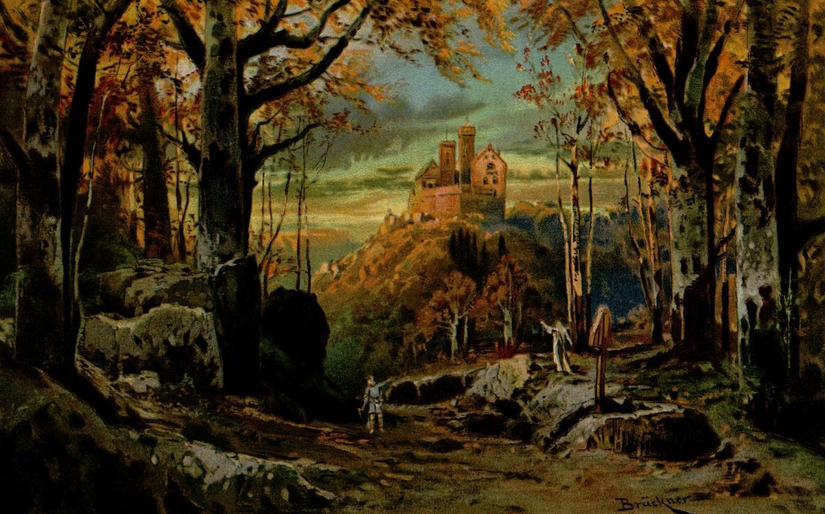 Illustration showing a castle, a rugged landscape, and a man and a woman in the foreground gesturing