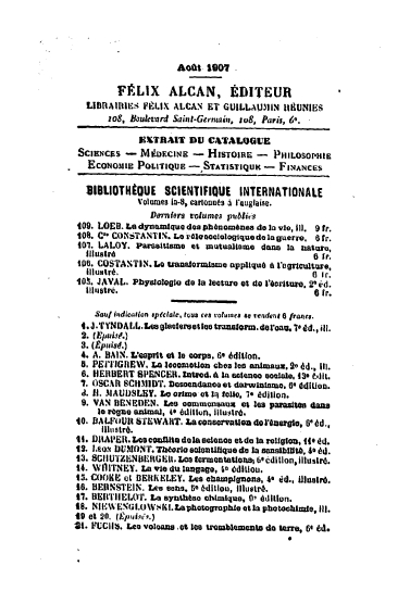 Catalogue of the Félix Alcan and Guillaumin Librairies (August 1907)